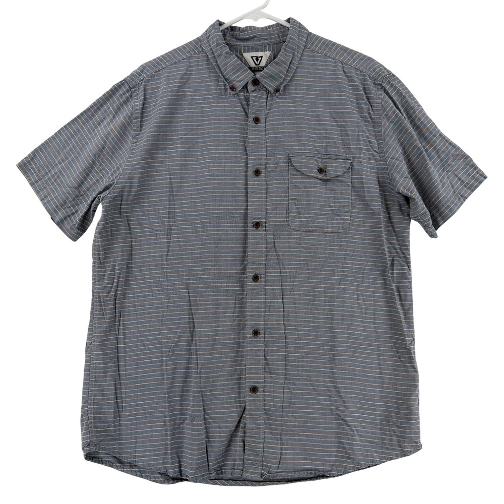 Vissla Shirt Mens XL Gray Striped Short Sleeve Button Up Casual Pocket Surf